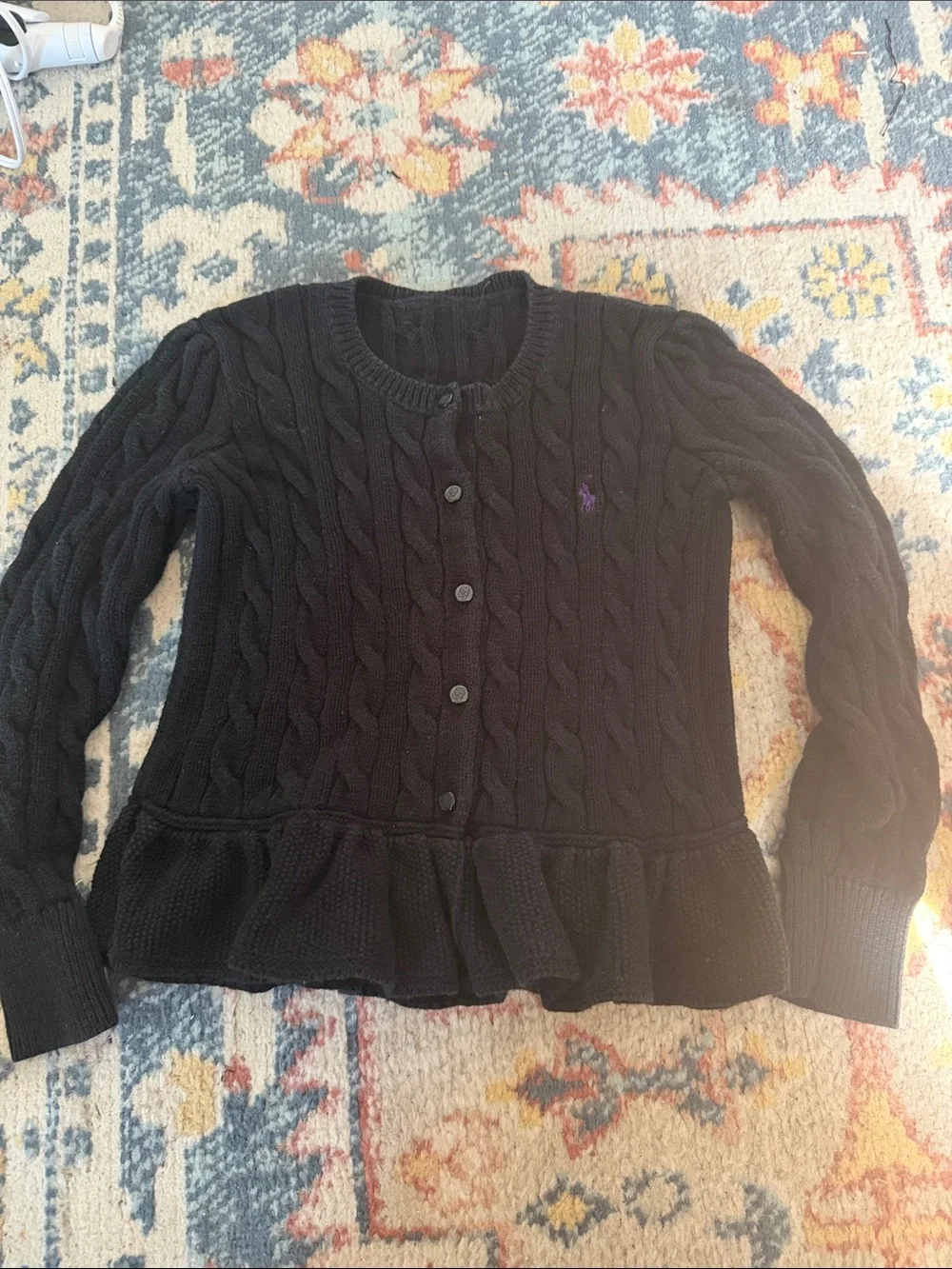 Polo by Ralph Lauren girls Black Cable-Knit Button Cardigan with Peplum